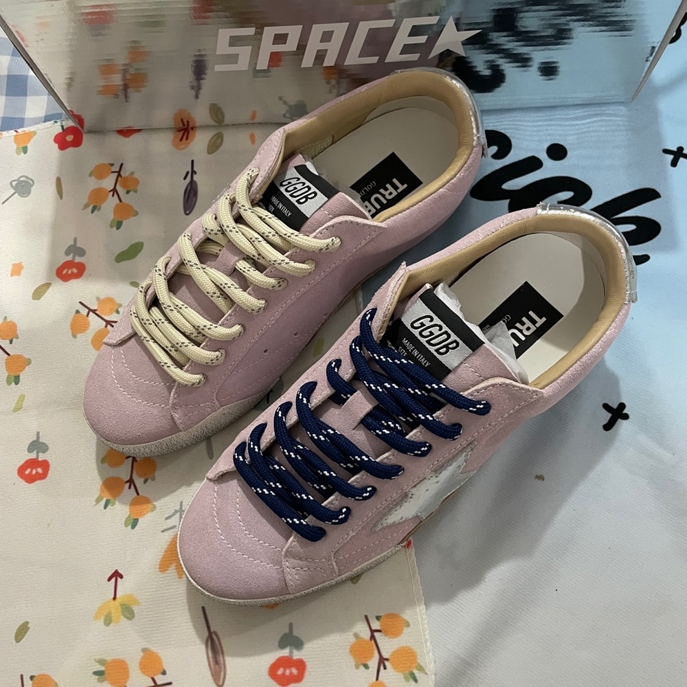 Golden Goose Pink Suede Low-Top Sneakers with Two-Tone Laces